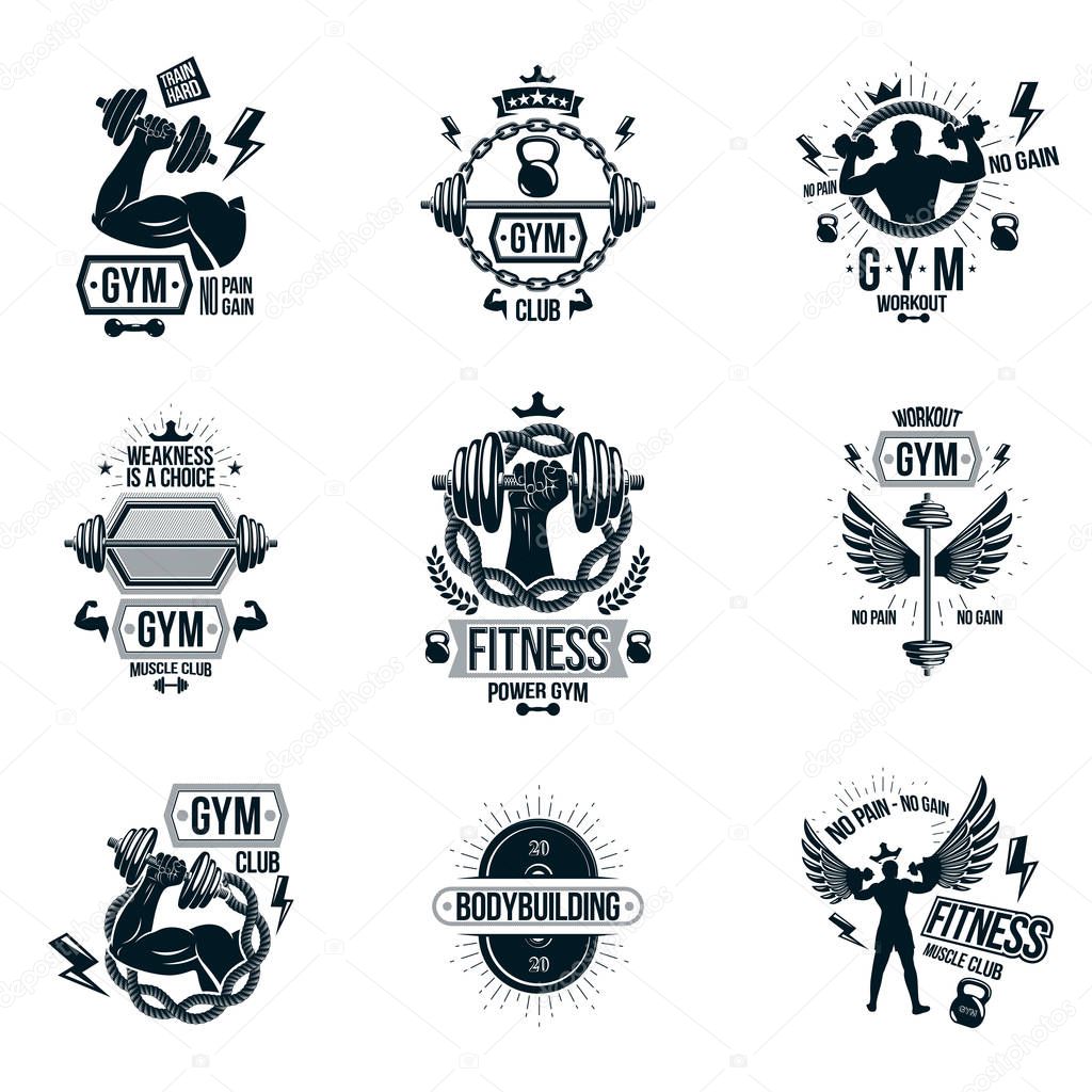 Set of vector gym theme illustrations created with dumbbells, barbells and disc weights sport equipment. Bodybuilder body shape.
