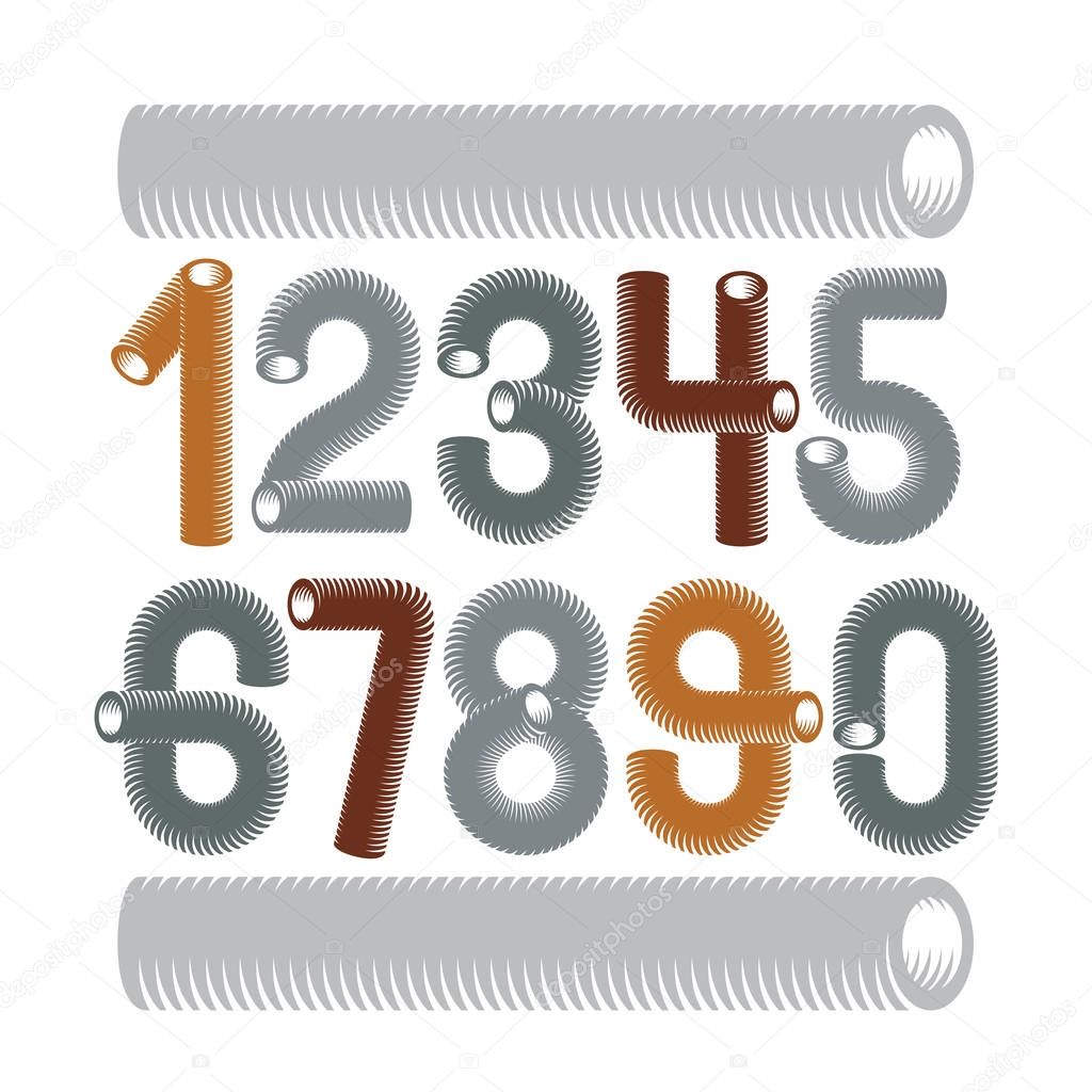 Trendy vector numerals collection. Modern funky numbers from 0 to 9 best for use in logo, poster creation. Created using dimensional vacuum pipe style.