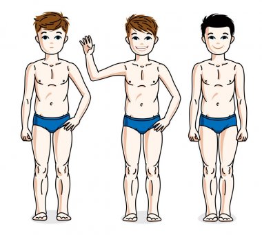 Mutlu genç genç çocuklar mavi çamaşırlarıyla poz. Vektör çocuklar illüstrasyonlar set.