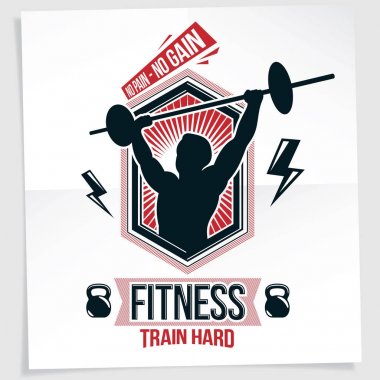 Halter Spor donatımı tutan kaslı vücut geliştirmeci vektör çizim ile oluşturulan rekabet poster kaldırma gücü. Ağrı yok, hiçbir kazanç teklif.