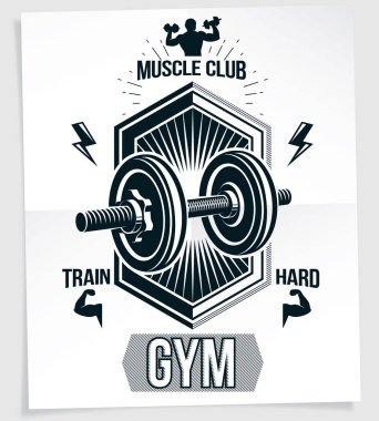 Vücut geliştirme motivasyon vektör poster disk kilo Halter ve vücut geliştirmeci vücut siluet ile yaratılmıştır. Zor yazı tren.