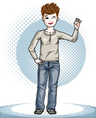 Moda rahat kıyafetler giymiş tatlı küçük çocuk genç teen ayakta. Vektör illüstrasyon insan. Moda ve yaşam tarzı tema çizgi film.