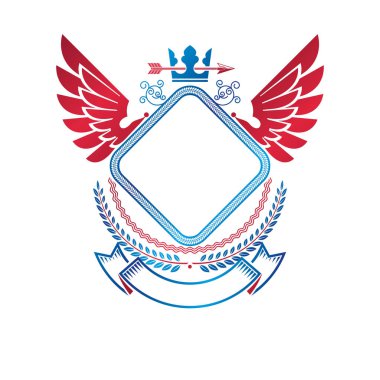 Eski Crown ve keskin mızrak ile oluşturulan grafik kanatlı amblemi. Hanedan vektör tasarım öğesi kurdele ile süslenmiş. Retro tarzı etiket, Hanedanlık armaları logosu.