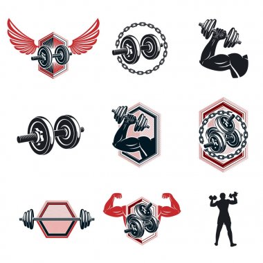 Vektör spor tema çizimler dumbbells ile barbell toplandı ve disk ağırlık elbiseler ve donatım. Vücut geliştirmeci vücut şekli.