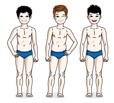 Mavi çamaşırlarıyla ayakta farklı genç teen şirin çocuklar. Güzel çocuklar çizimler vektör kümesi. Çocukluğu ve ailesi yaşam tarzı çizgi film.