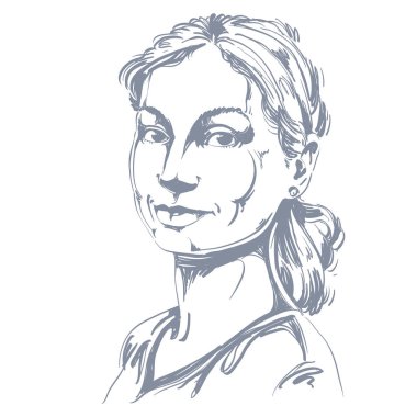 Hassas yakışıklı hala kadın, siyah ve beyaz vektör çizim huzurlu ve ihale kız portresi. Duygusal ifadeler fikir görüntü, poz güzel model.