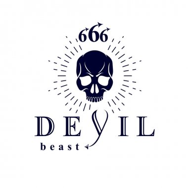 Vektör siyah ölü kafa logo korkutucu. Mistik Melun şeytan, kötü Lucifer 666 sayılarla yapılan..