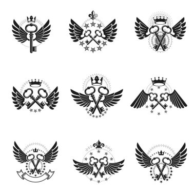 Eski Turnkey Keys amblemleri ayarlandı. Heraldik vektör tasarım elemanları koleksiyonu. Retro biçim etiketi, heraldry logosu.