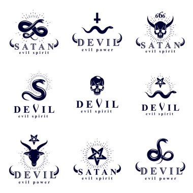 Vektör şeytani Infernal mistik Logotype zehirli yılanlar, boynuzlu kullanılarak oluşturulan dizi ölü kafa sembolleri, pagan .detaylar gizli tutulmuştu ve keçi 666 numaralı kötü Lucifer örnek olarak.