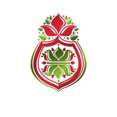 Lily çiçek kraliyet sembolü ile oluşturulan vintage hanedan amblemi. Eko ürün simgesi, organik ve sağlıklı gıda Tema illüstrasyon, dekoratif Koruma Kalkanı.