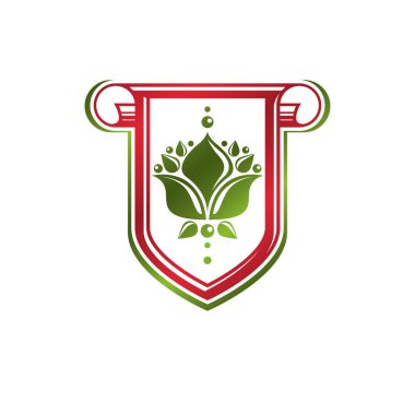 Nilüfer çiçeği kraliyet sembolüyle yapılmış klasik bir arma. En iyi kalite ürün sembolü, doğa koruma teması illüstrasyonu, kabartmayla süslenmiş kalkan..