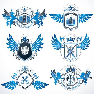 Vintage Hanedanlık armaları tasarım şablonları, kuş kanatları, kron, yıldız, Tophane, hayvan illüstrasyon ile oluşturulmuş vektör Amblemler. Vintage tarzı semboller koleksiyonu.