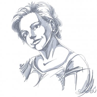 Güzel romantik kadın çizilmiş vektör Illustration. Tek renkli görüntüyü, yüz ifadelerini genç kız.
