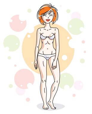 Beyaz iç çamaşırı renkli zemin kabarcıklar ve daireler ile poz güzel genç Kızıl saçlı kadın. Vektör güzel hanımefendi illüstrasyon. 