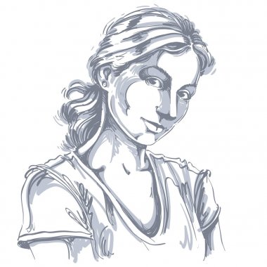 Güzel romantik ve ihale kadın çizilmiş vektör Illustration. Tek renkli görüntüyü, yüz ifadelerini birine aşık seyir ve bakmakta genç kız.