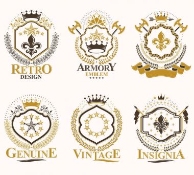 Ortaçağ kaleleri, cephanelik, vahşi hayvanlar, imparatorluk tacları gibi tasarım elementleriyle yaratılmış vektör retro vintage işaretler. Arma koleksiyonu..