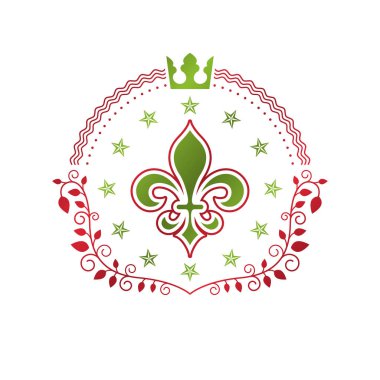 Kraliyet sembolü Lily çiçek grafik amblem taç Kral ile oluşur. Hanedan vektör tasarım öğesi. Retro tarzı etiket, Hanedanlık armaları logosu.