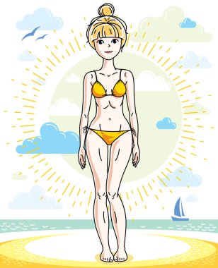 Tropik sahilde poz ve mayo giymiş mutlu sarışın genç kadın. Vektör çekici kadın çizim. Yaz tatil yaşam tarzı tema çizgi film.