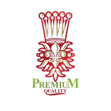 Retro vintage Insignia lily çiçek ve Imperial crown ile yaratılmıştır. Vektör ürün kalite fikir tasarım öğesi, alev almış zambak.