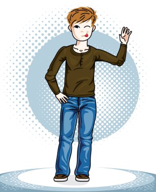 Şık rahat kıyafetler içinde duran küçük çocuk. Vektör çocuk çizim. Moda ve yaşam tarzı tema çizgi film.