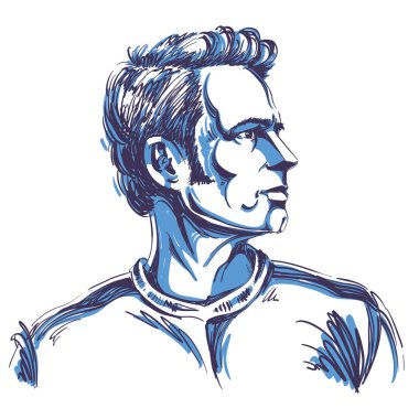 Yakışıklı bir adam dalgın, söz konusu adam, renkli vektör çizim portresi. Duygusal ifadeler fikir görüntü. 