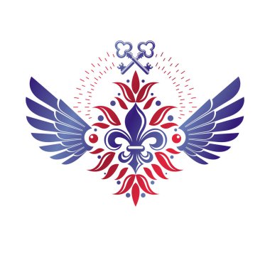 Vintage hanedan vektör Insignia lily çiçek sembolü ve güvenlik tuşları ile oluşur. Kraliyet Muhafızı Tema illüstrasyon, kanatlı tasarım öğesi.