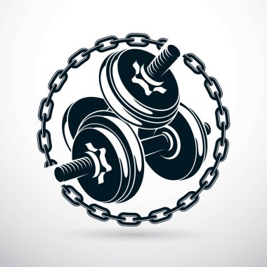 Demir zinciri tarafından çevrili dumbbell ve disk ağırlık vektör çizim. Çapraz vücut geliştirme ve uygun Spor donatımı.