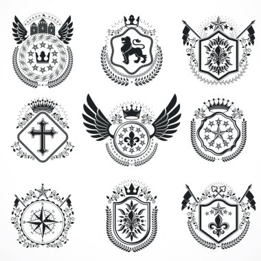 Klasik amblemler, vektör heraldik tasarımlar. Arms koleksiyonu, vektör seti.