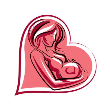 Beautiful pregnant female body silhouette surrounded by heart shape frame.  Mother-to-be drawn vector illustration. Happiness and caring theme. clipart