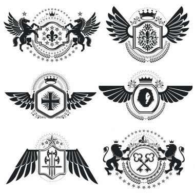 Hanedan işaretler, öğeleri, Hanedanlık armaları Amblemler, insignias, işaretler, vektörel çizimler. Klas kaliteli sembolik resimler koleksiyonu, vektör set.