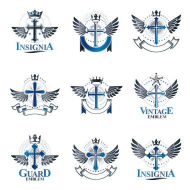Haçlar Hıristiyanlık din Amblemler ayarlayın. Hanedan arması dekoratif logoları vektör çizimler toplama izole.
