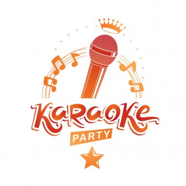 Mikrofon ses cihazı müzik notaları ile oluşan karaoke parti reklam ve gece kulübü diskotek davet poster için vektör amblem olarak kullanılabilir.