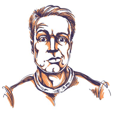 Kuşkucu adam kısa saçlı çizilmiş vektör Illustration. Sanatsal görüntü, yüz ifadelerini bir genç adam, şok kişi.