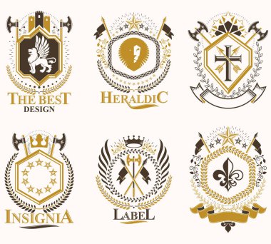 Kron, yıldız, gibi dekoratif öğeler ile oluşturulmuş vektör vintage Amblemler kümesi haçlar, cephanelik ve hayvanlar. Hanedan arması topluluğu.
