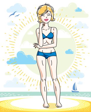 Tropik sahilde poz ve mavi bikini giyen çekici sarışın genç kadın. Vektör güzel hanımefendi illüstrasyon. Yaz tema clipart.