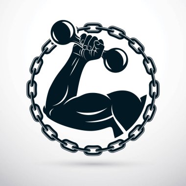 Vektör çizimi vücut geliştirmeci kas kol dumbbell tutarak kanatlı. Kaldırma güç.