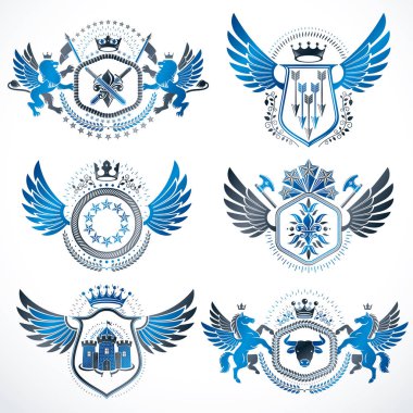 Vintage dekoratif hanedan vektör Amblemler Kartal kanatları, dini haçlar, Tophane ve Ortaçağ kaleleri, hayvanlar gibi unsurlar ile oluşur. Klas sembolik illüstrasyonlar topluluğu. 