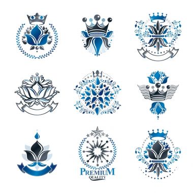 Çiçekler, Royal simgelerini, çiçek ve Taçlar, amblem seti. Hanedan arması dekoratif logoları vektör çizimler toplama izole.