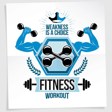Fitness Merkezi pazarlama afiş. Atletik sporcu pazı silah fitness dumbbells spor ekipmanları ile oluşturulmuş vektör kompozisyon. Bir seçim yazı zayıflıktır.
