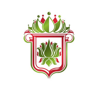 Lily çiçek kraliyet sembolü ile oluşturulan vintage hanedan amblemi. Çevre dostu ürün simgesi, çevre koruma Tema illüstrasyon, kalkan kalıbı ile dekore edilmiş.