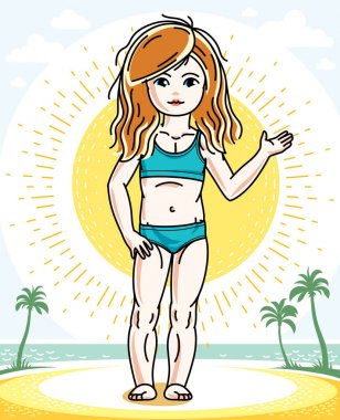 Avuç içi ile tropik sahilde poz güzel küçük Kızıl saçlı bir kız. Vektör çocuk çizim. Yaz tatil Tema.