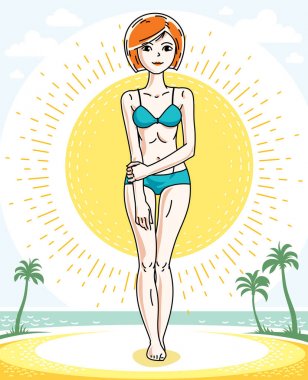 Avuç içi ile tropik sahilde poz ve mavi bikini giyen çekici genç Kızıl saçlı kadın. Vektör güzel hanımefendi illüstrasyon. Ömür boyu Tema clipart.