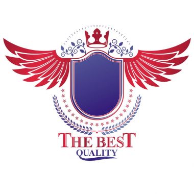 Grafik royal crown öğe ve defne çelengi ile oluşan sembolü kanatlı. Hanedan arması izole dekoratif logo vektör çizim.