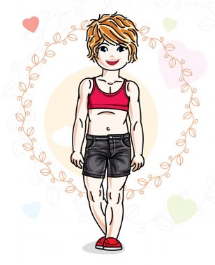 Moda rahat kıyafetler yürekleri renkli zemin üzerinde duran sevimli küçük Kızıl saçlı kız. Vektör illüstrasyon insan.