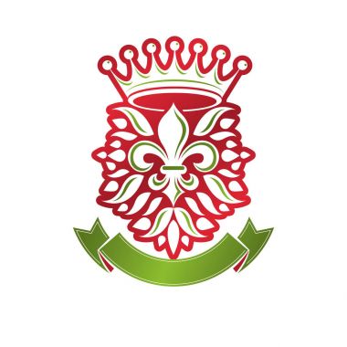 Retro vintage Insignia lily çiçek ve Imperial crown ile yaratılmıştır. Vektör ürün kalite fikir tasarım öğesi, alev almış zambak.