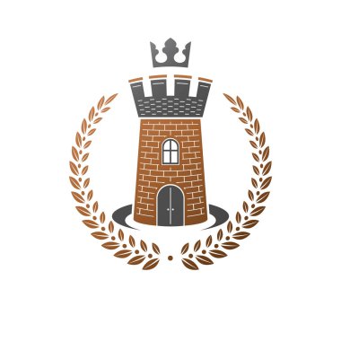 Antik Kale amblemi. Heraldic Coat of Arms dekoratif logosu izole edilmiş vektör çizimi. Beyaz arkaplanda eski tarzda dekore edilmiş logotip.