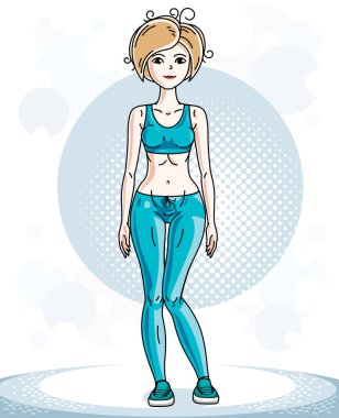 Poz güzel sarışın genç atletik kadın. Vektör çizim çekici Bayan tayt ve kısa gömlek giyiyor. Etkin ve sağlıklı yaşam tarzı tema çizgi film.