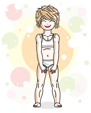 Sevimli küçük sarışın kız iç çamaşırı ayakta kabarcıklar ve daireler ile renkli zemin üzerinde. Vektör illüstrasyon insan.