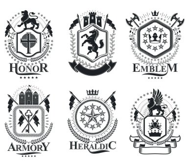 Lüks heraldik vektörler şablonları simgeler. Vektör Blazonlar. Yüksek kaliteli sembolik çizimler koleksiyonu.