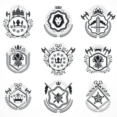 Klasik amblemler, vektör heraldik tasarımlar. Arms koleksiyonu, vektör seti.